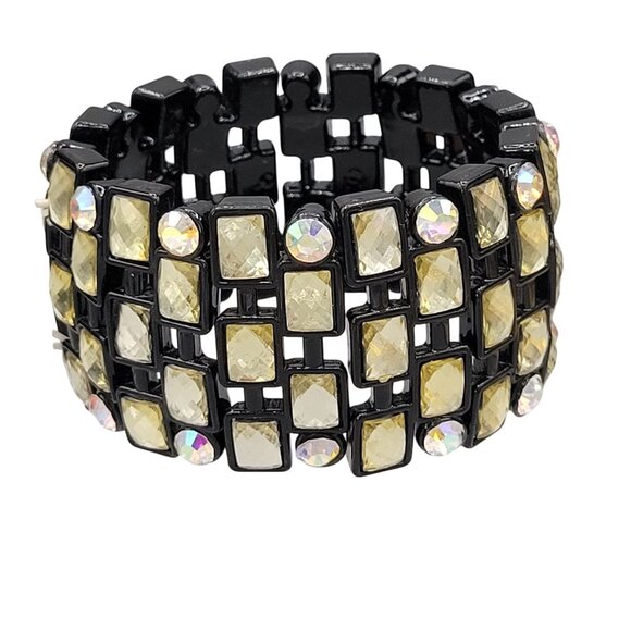 Black Lucite Bangle Stretch Bracelet With Faceted Gold Beads Rhinestones 1.5" W - Picture 2 of 7